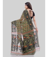 DESH BIDESH Women`s Phulkari Resham Dhakai jamdani Bengal Pure Cotton Handloom Saree Whole Body Design without Blouse Piece (Moss Green Orange)